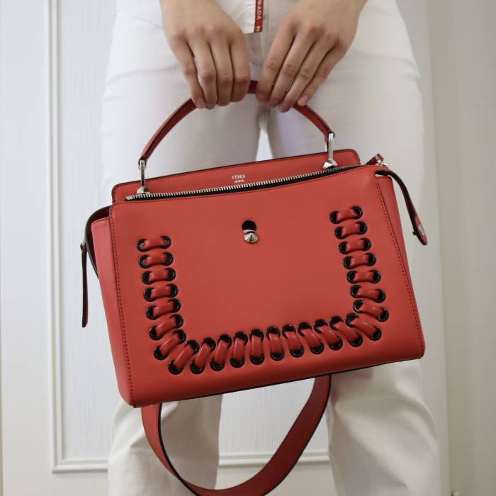 Red leather bag with silver jewellery Fendi