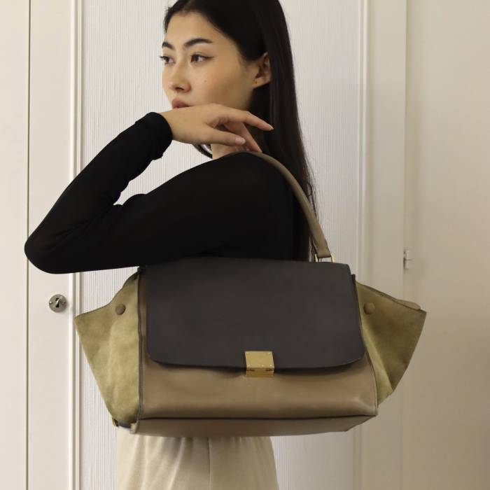 Trapeze bag in leather and suede, black, beige and khaki Celine