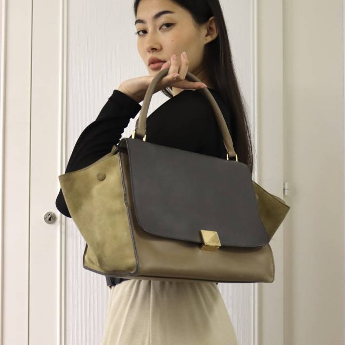Trapeze bag in leather and suede, black, beige and khaki Celine