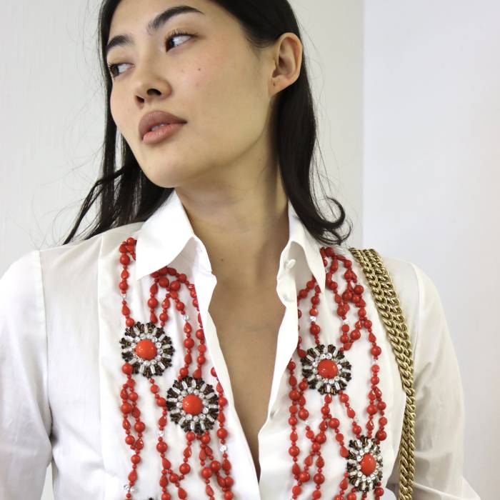 Weißes Baumwollhemd mit roten Perlen Valentino
