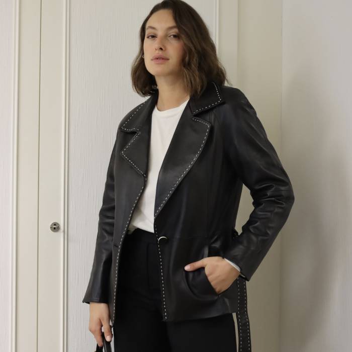Black leather jacket with belt Madelaine