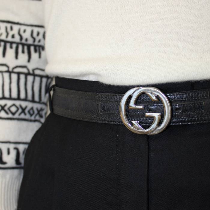 Black leather and fabric belt Gucci