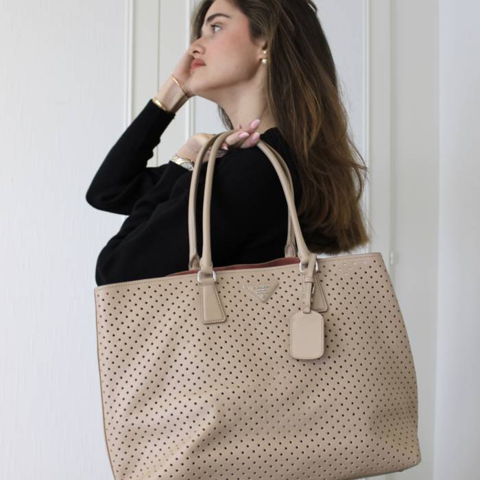 Beige leather and suede tote bag Prada