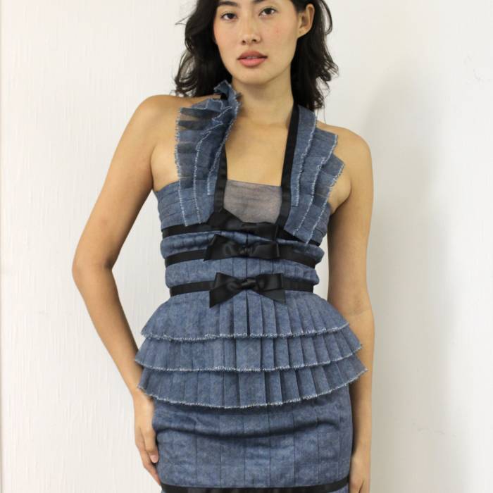 Blue dress with black ruffles and bows Chanel