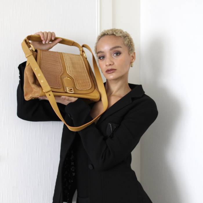 Sac Anna jaune en cuir, daim et crocodile Fendi