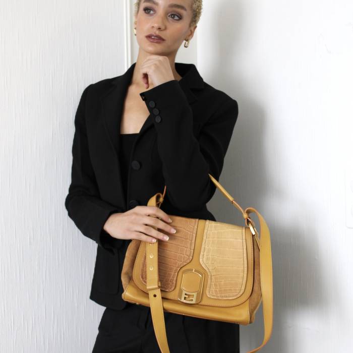 Sac Anna jaune en cuir, daim et crocodile Fendi