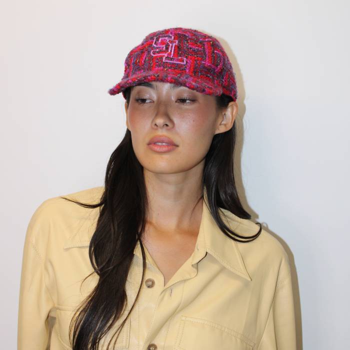 Casquette SL en tweed de laine à carreaux rouge Yves Saint Laurent