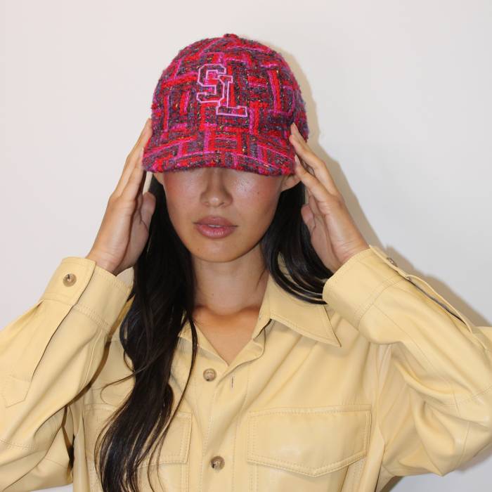 Casquette SL en tweed de laine à carreaux rouge Yves Saint Laurent