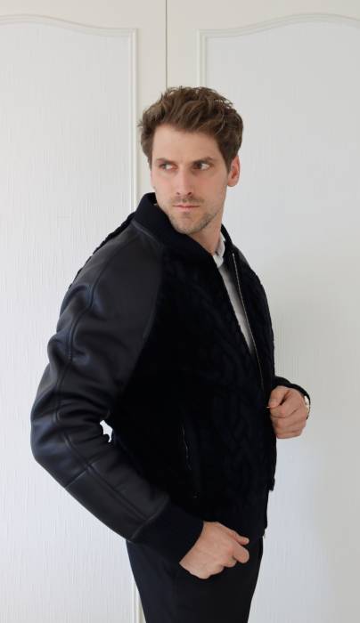 Navy blue leather and fur jacket Hermès