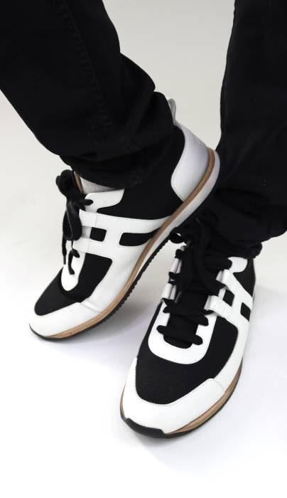 Black and white leather and fabric sneakers Hermès