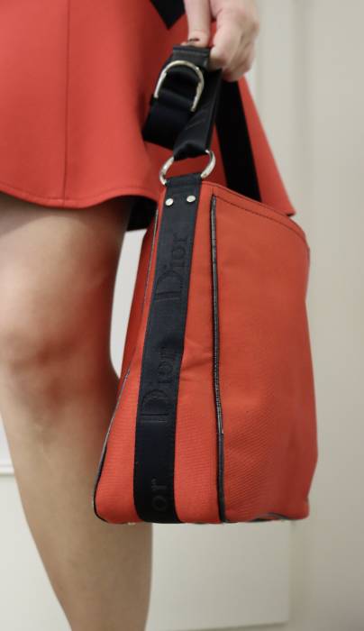 Red fabric and black leather bag Dior