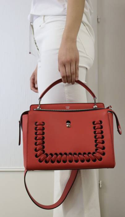Red leather bag with silver jewellery Fendi