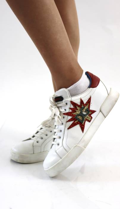 White trainers with logo surrounded by sequins Dolce & Gabbana
