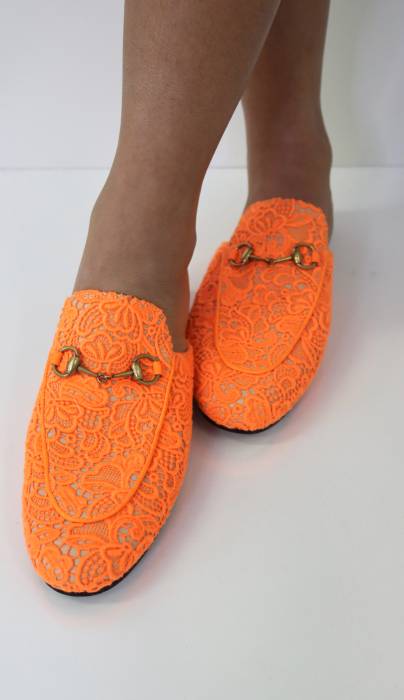 Leather mules with orange embroidery Gucci