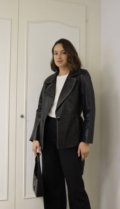 Black leather jacket with belt Madelaine