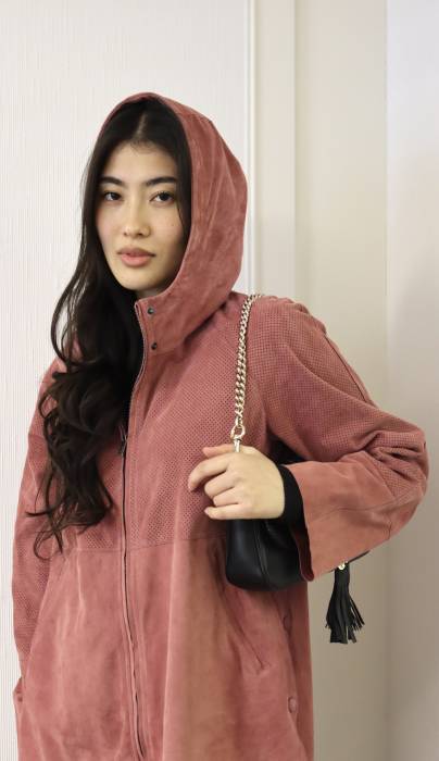 Pink suede jacket with hood Fratelli Rossetti
