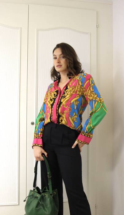 Pink, blue, green and black shirt with gold details Francesca Of Damon