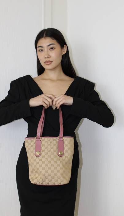 Bucket Bag aus Canvas und Leder in Rosa und Beige Gucci