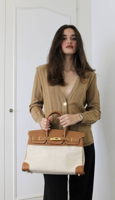 Birkin 35 camel bag in Epsom leather and fabric Hermès