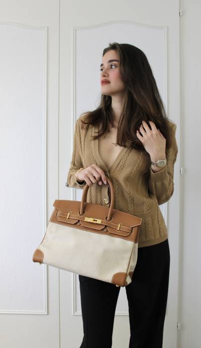 Birkin 35 camel bag in Epsom leather and fabric Hermès
