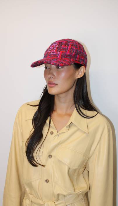Casquette SL en tweed de laine à carreaux rouge Yves Saint Laurent
