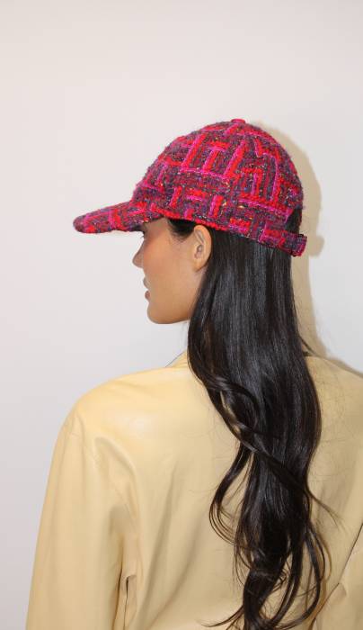Casquette SL en tweed de laine à carreaux rouge Yves Saint Laurent