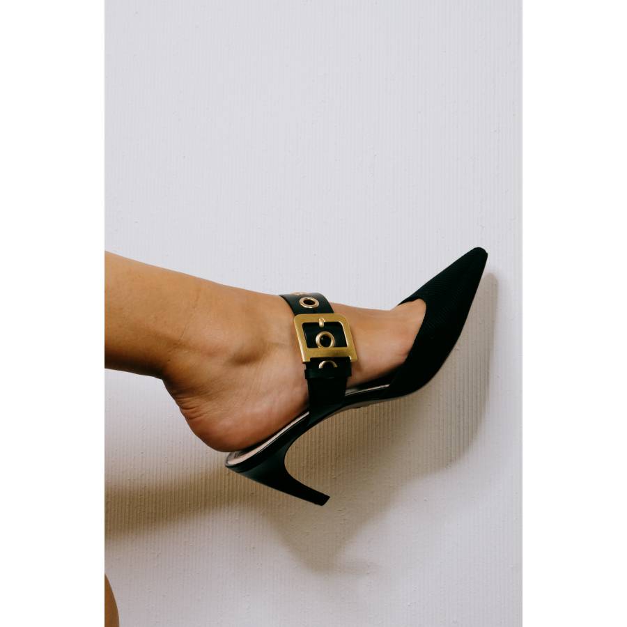 Black leather and fabric mules