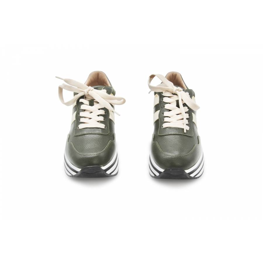 Green and beige leather sneakers