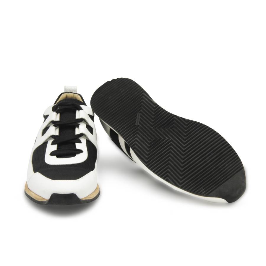 Black and white leather and fabric sneakers