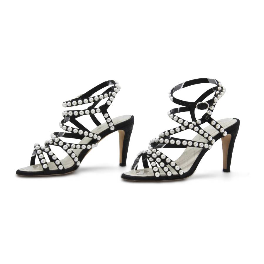Chanel black leather sandals with white beading