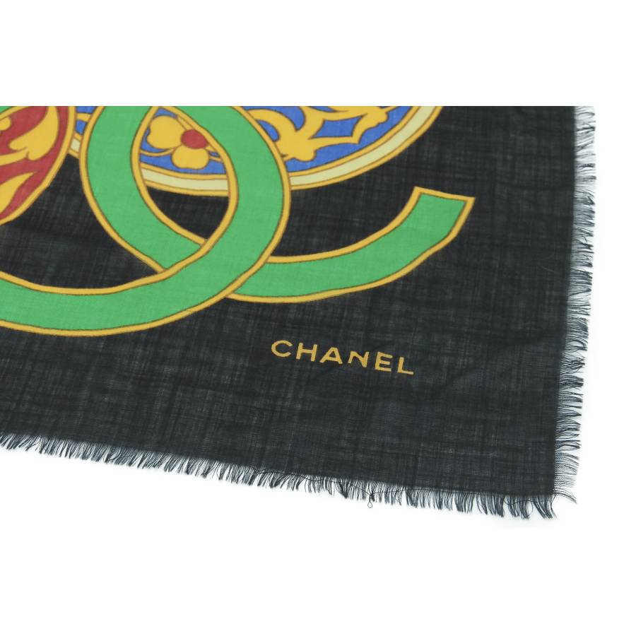 CC Chanel black scarf with coloured pattern