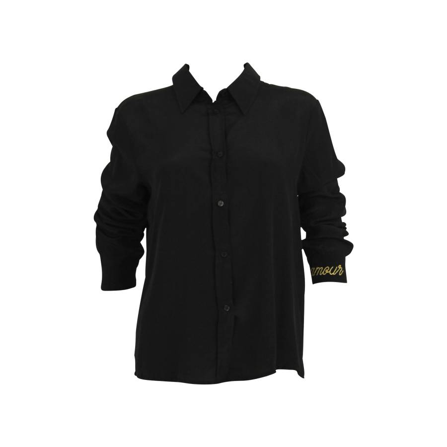 Black shirt with "love" embroidered in metallic thread