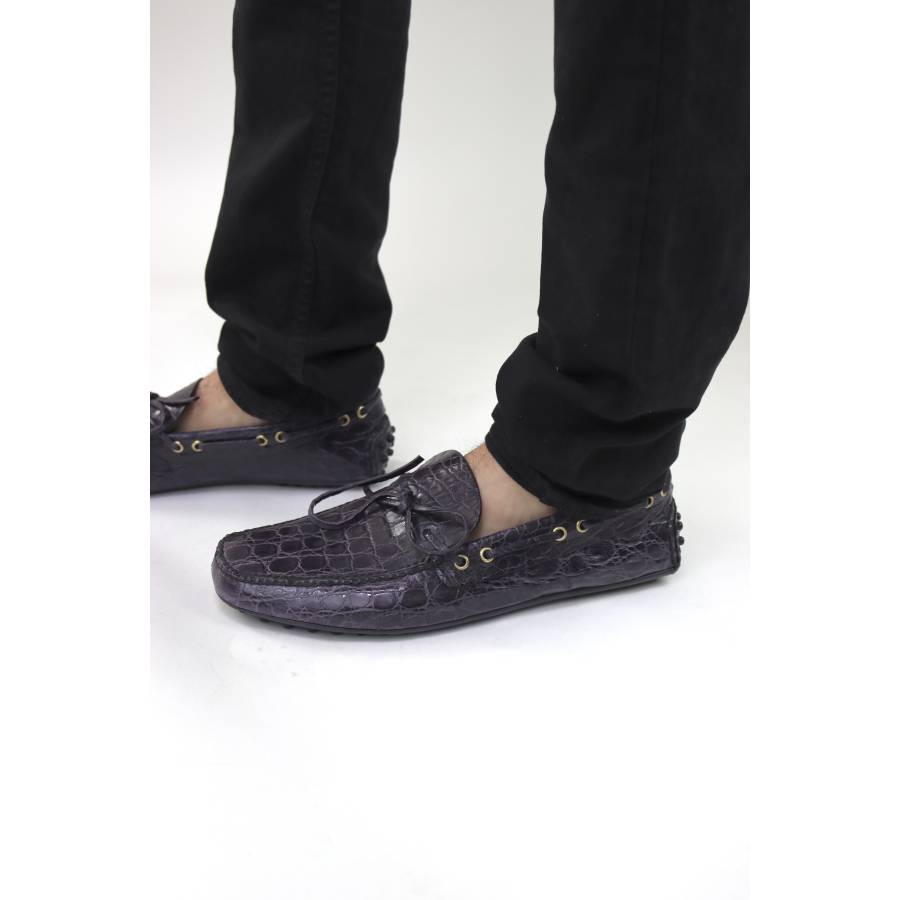 Purple crocodile loafers