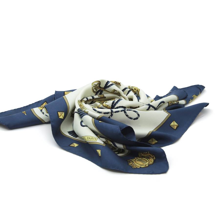 Navy blue and white silk scarf