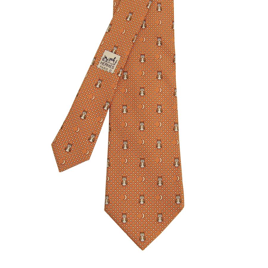 Cravate orange en soie avec motifs chouettes