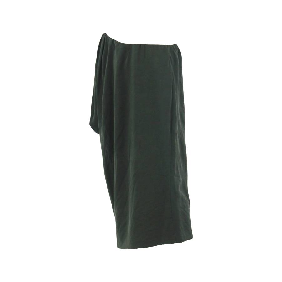 Asymmetrical dress in dark green silk
