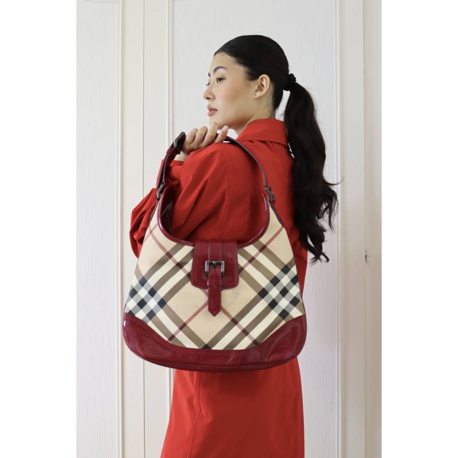 Burgundy patent leather bag with monogram