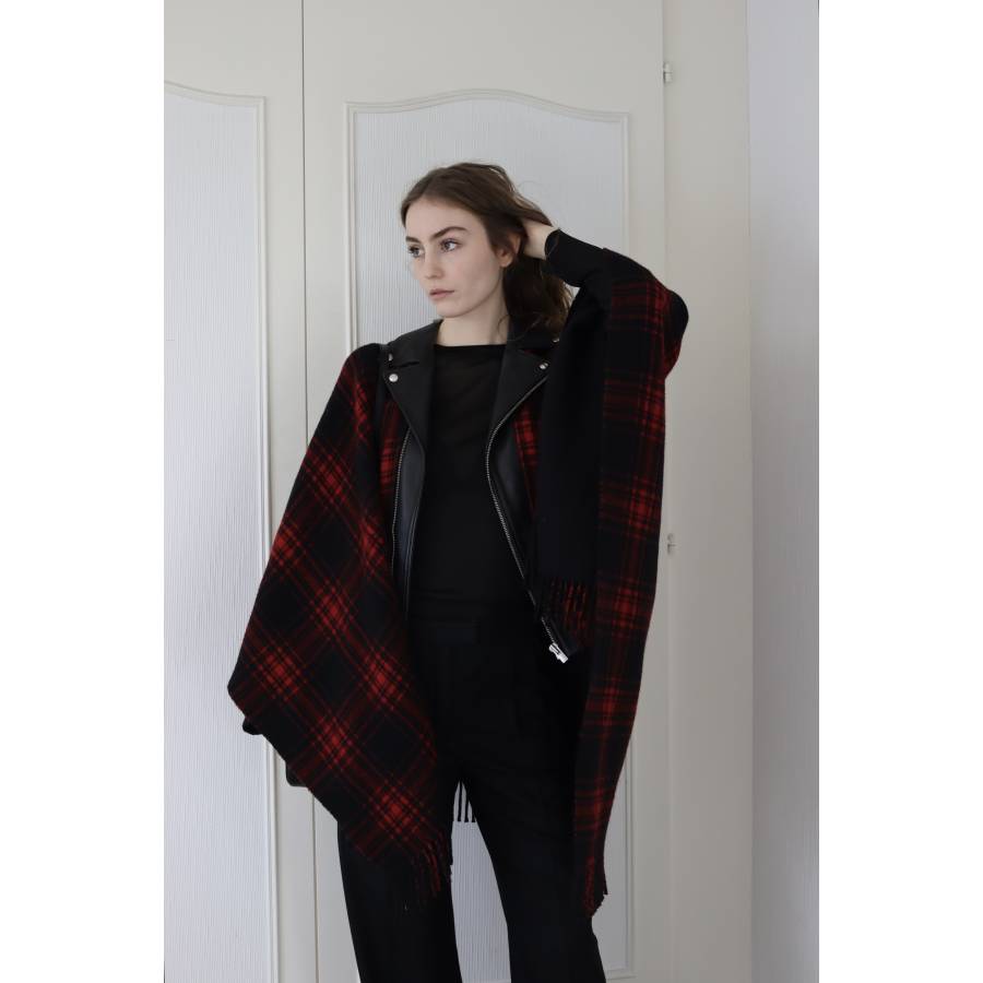 Black and red wool and leather cape