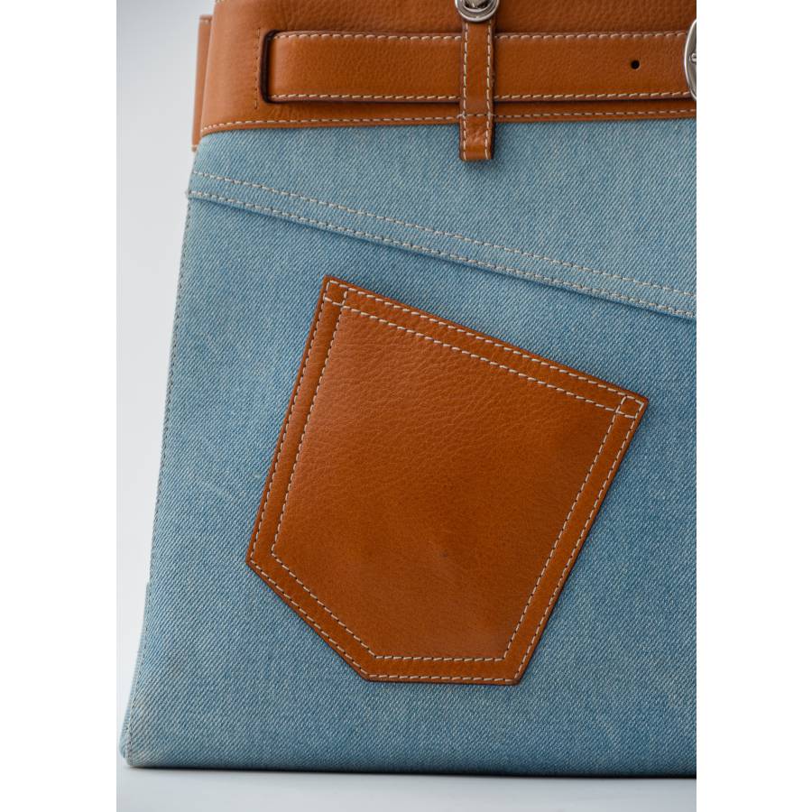 Patch Pocket Tote Tasche aus blauem und braunem Jeansstoff