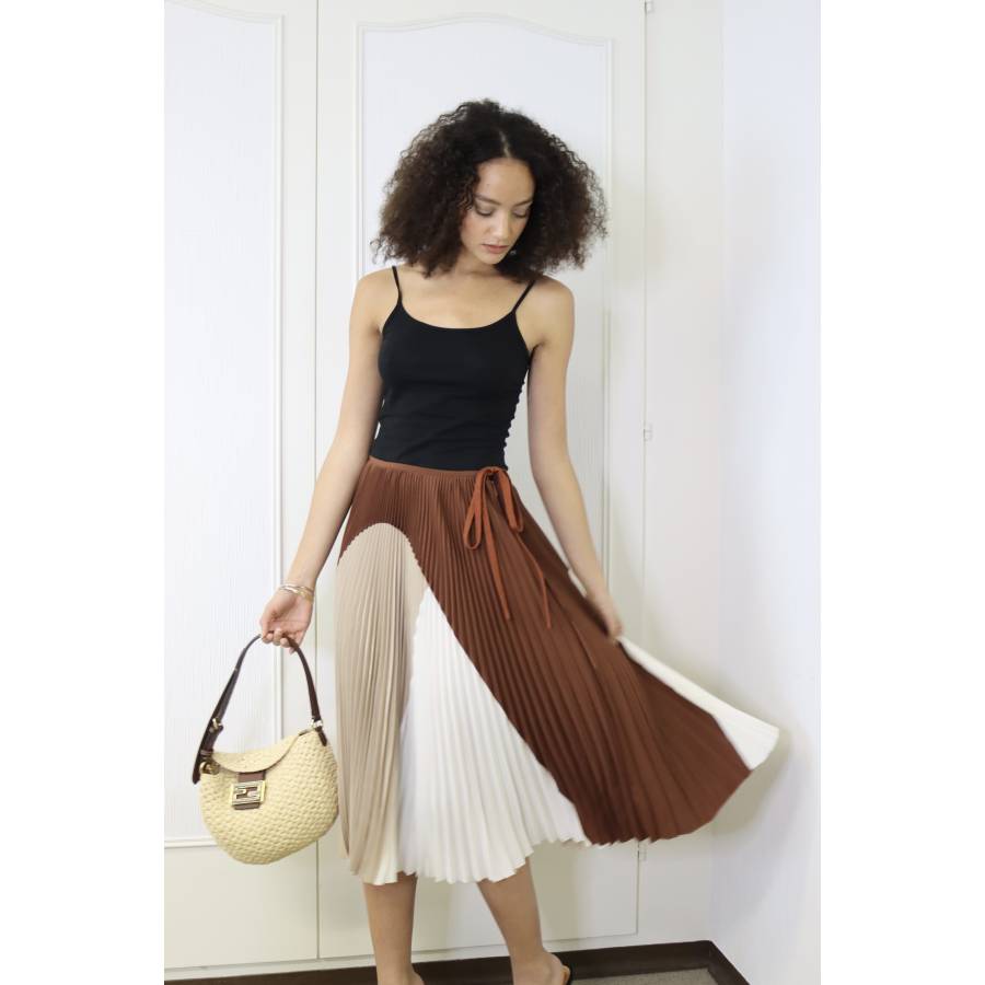 Brown, beige and white pleated skirt