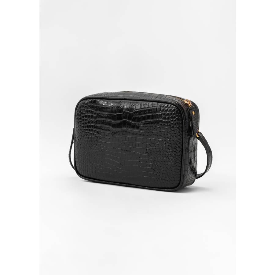 Tasche Lou Camera aus schwarzem Leder mit Krokodilseffekt