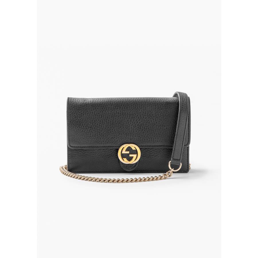 Gucci Interlocking Wallet on Chain aus schwarzem Leder