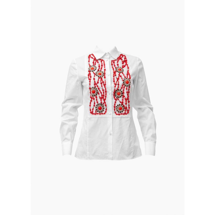 White cotton shirt with red beads