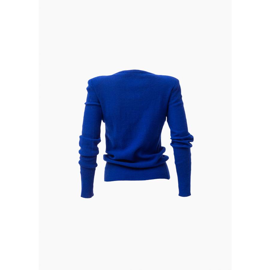 Blauer Pullover mit Schulterpolstern und Fliege