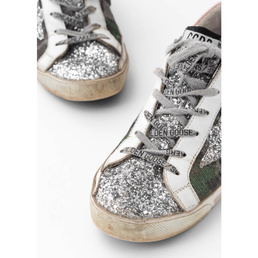 Silver, pink and camouflage sneakers