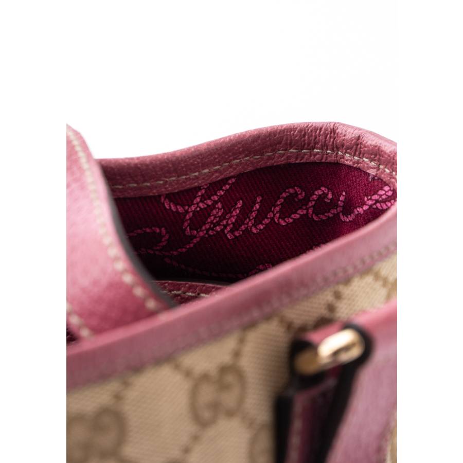 Sac Gucci bucket en toile et cuir rose et beige