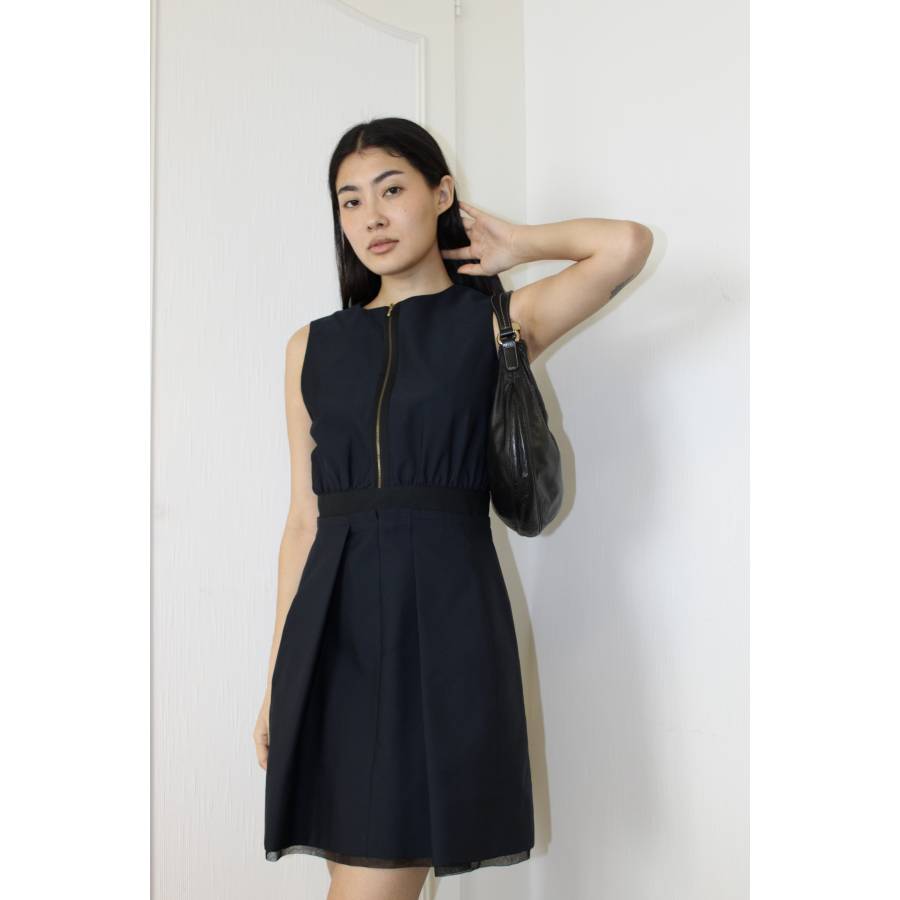 Dress in navy blue and black polyester, cotton and silk
