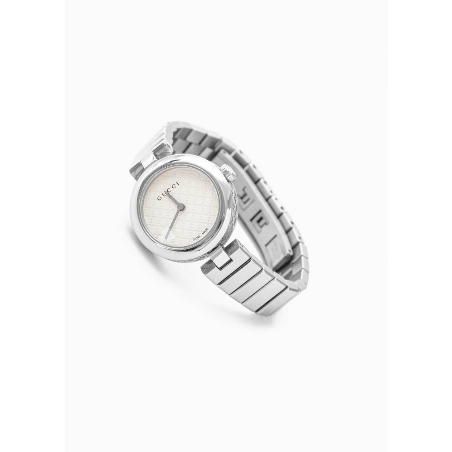 Watch with silver frame and white dial