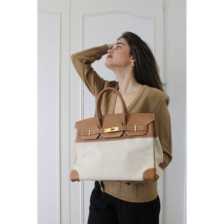 Birkin 35 camel bag in Epsom leather and fabric