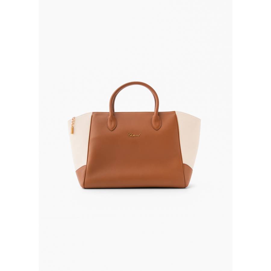 Camel and white tote bag